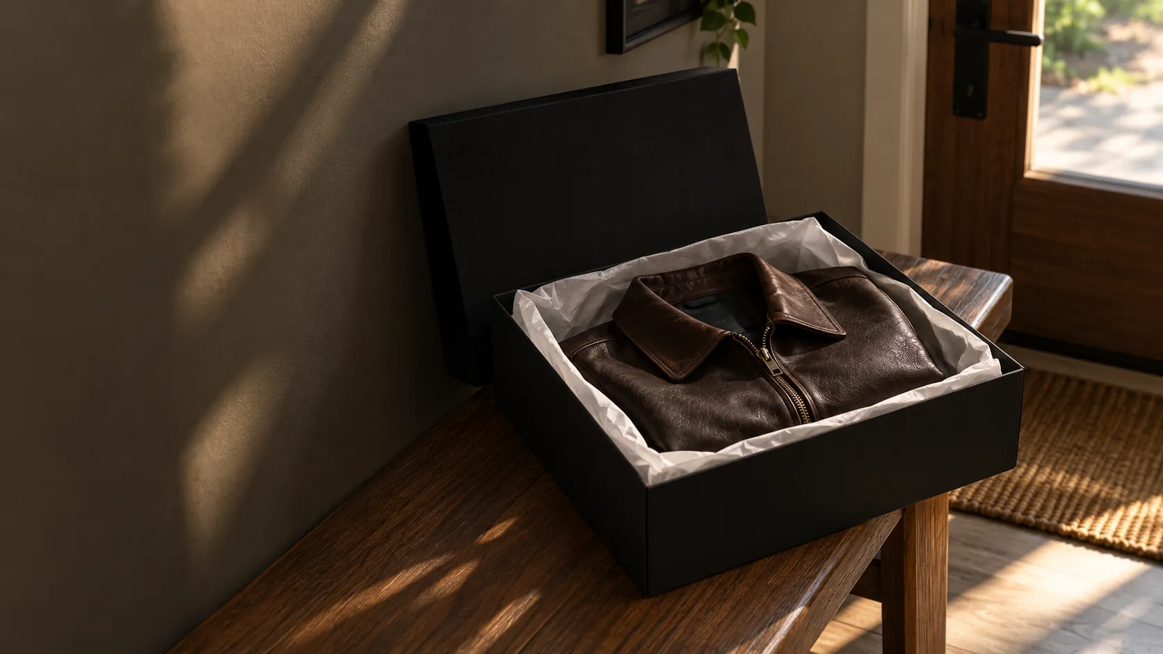 A dark brown leather jacket folded in a black box with white tissue paper, by the front door