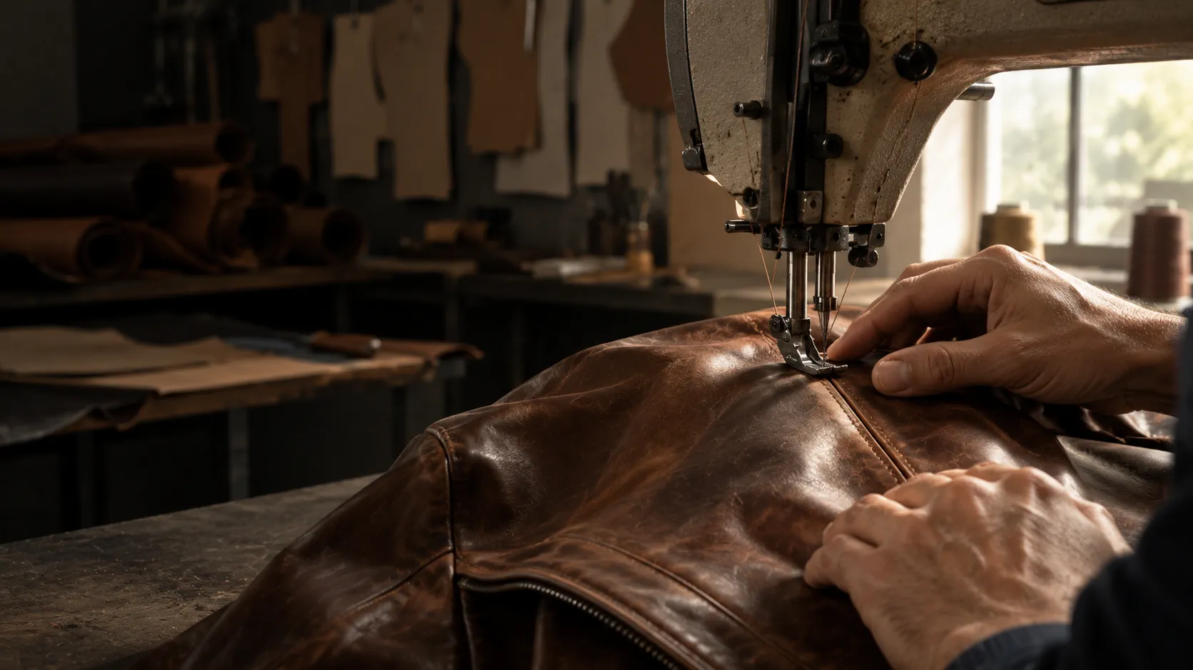 Hands stitching a brown leather jacket on an industrial sewing machine in a workshop