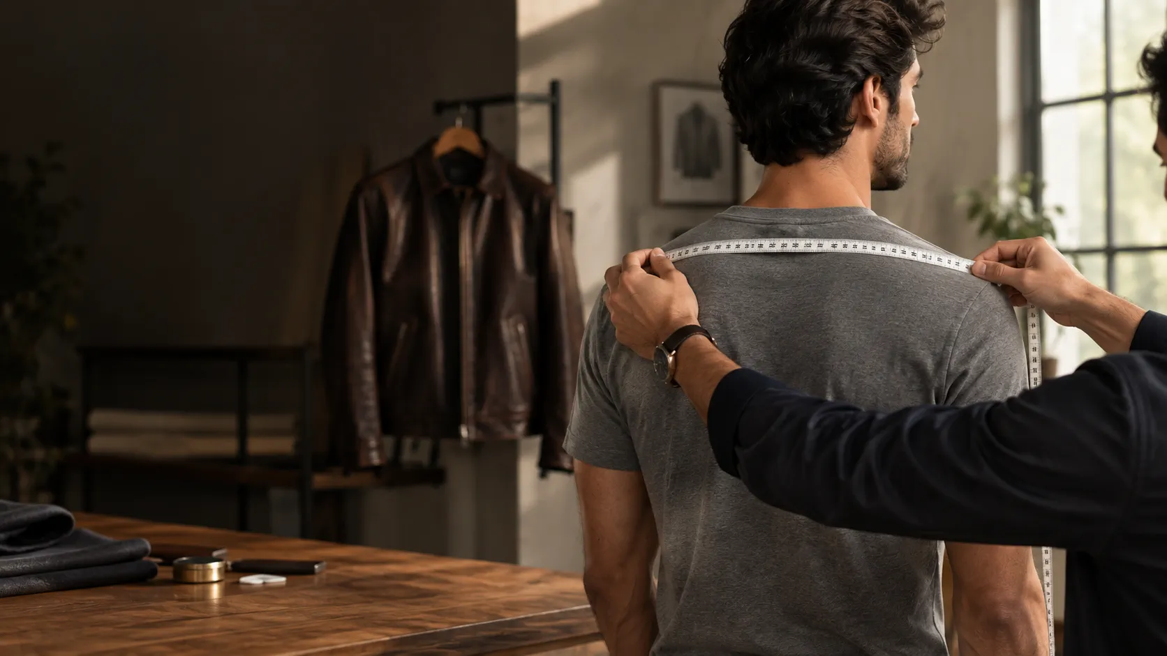 A tailor measuring across a customer's shoulders with a tape measure for a made-to-measure leather jacket