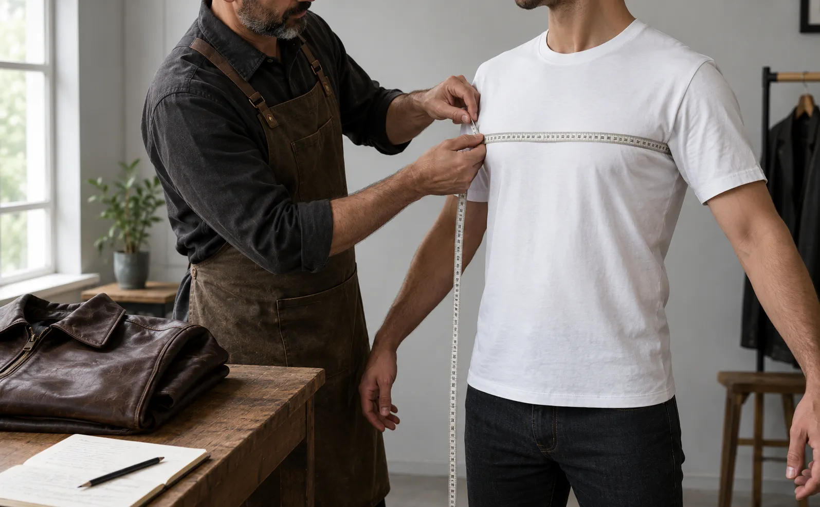 A tailor measuring a man's chest with a tape measure, a folded leather jacket on the table beside them