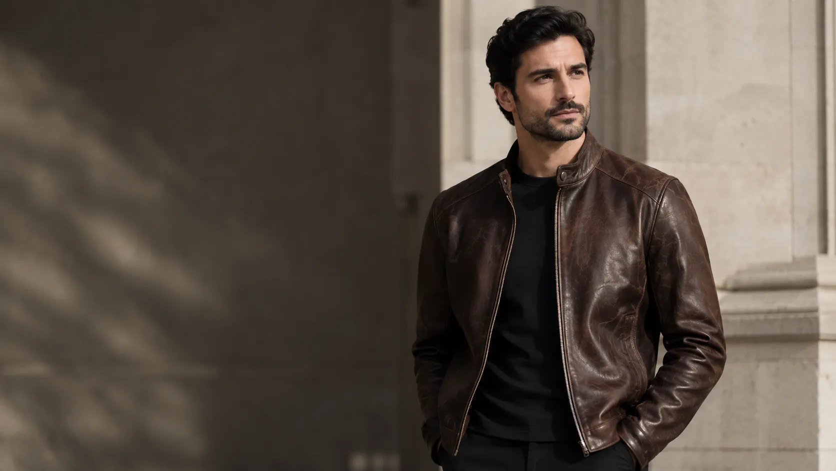 Man wearing a dark brown leather jacket with a stand collar over a black T-shirt